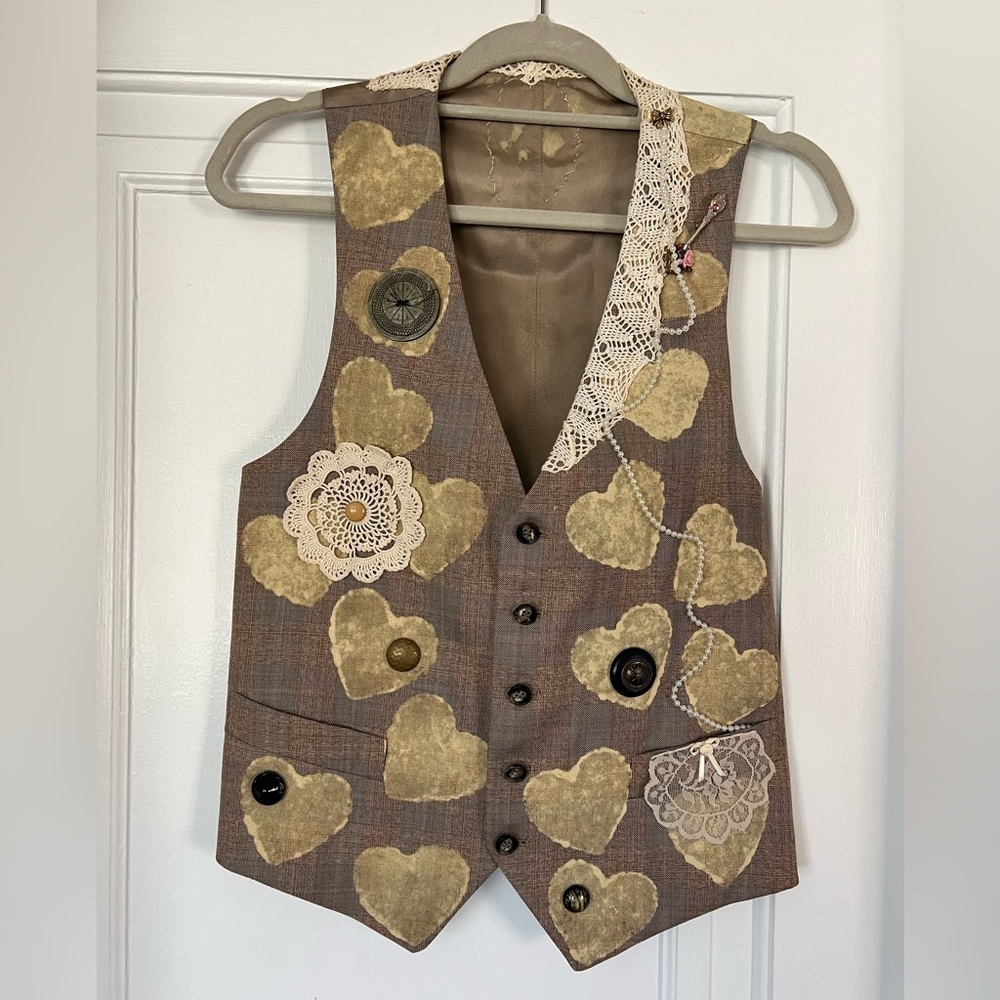 Vintage Cottagecore Handmade Vest – Heart & Lace Embellished – Small (XS-S-M)